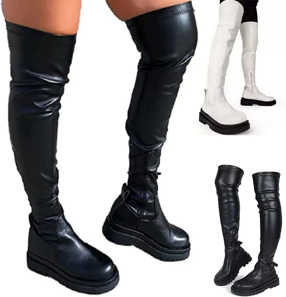 YING LAN Over the Knee High Boots for Women Sexy Zipper Round Toe Low Chunky Heel Faux Leather Surgical Stretch Riding Thigh High Boots