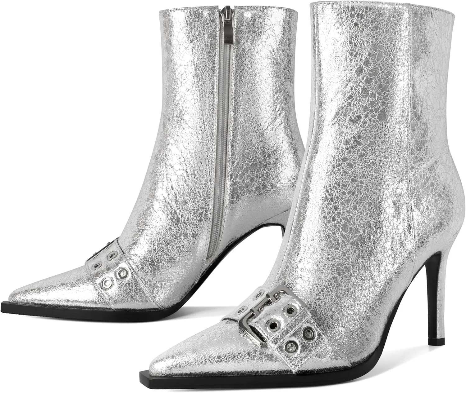 YODEKS Women Ankle Boots Pointed Toe 3.5" High Heel Boots Eyelets Buckles Straps Booties Side Zipper Short Boots