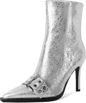 YODEKS Women Ankle Boots Pointed Toe 3.5" High Heel Boots Eyelets Buckles Straps Booties Side Zipper Short Boots