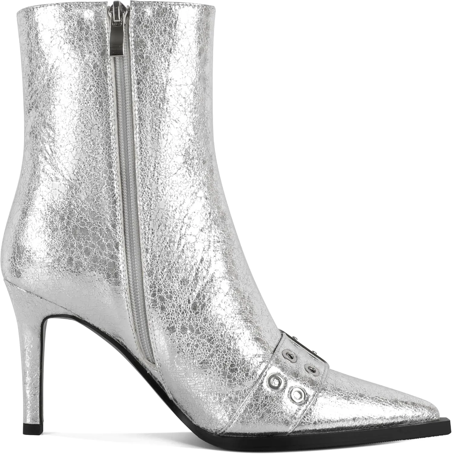 YODEKS Women Ankle Boots Pointed Toe 3.5" High Heel Boots Eyelets Buckles Straps Booties Side Zipper Short Boots