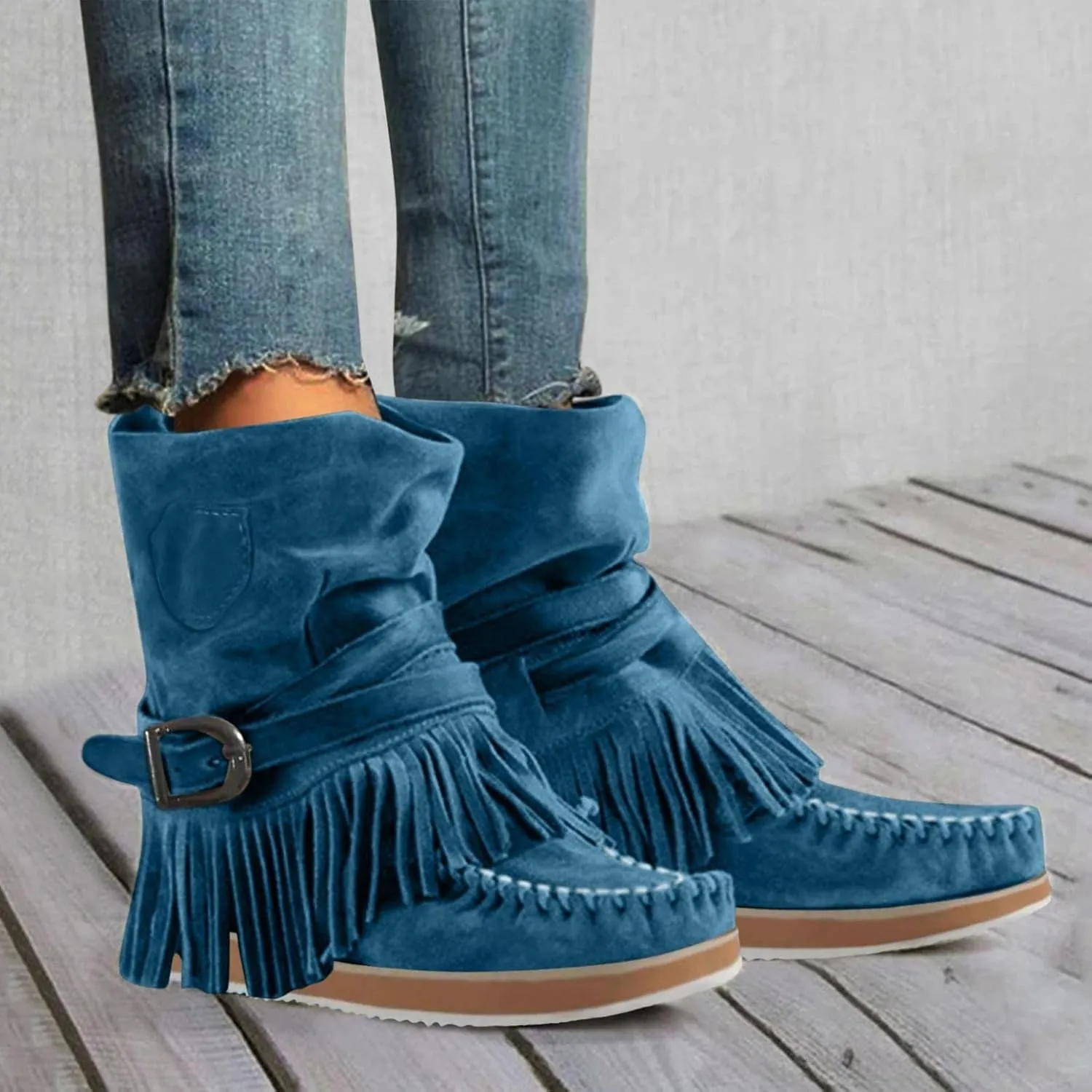 ZBYY Women's Tassel Booties Fashion Fringe Suede Moccasins Ankle Boots Retro Winter Low Heel Dress Shoes for Lady