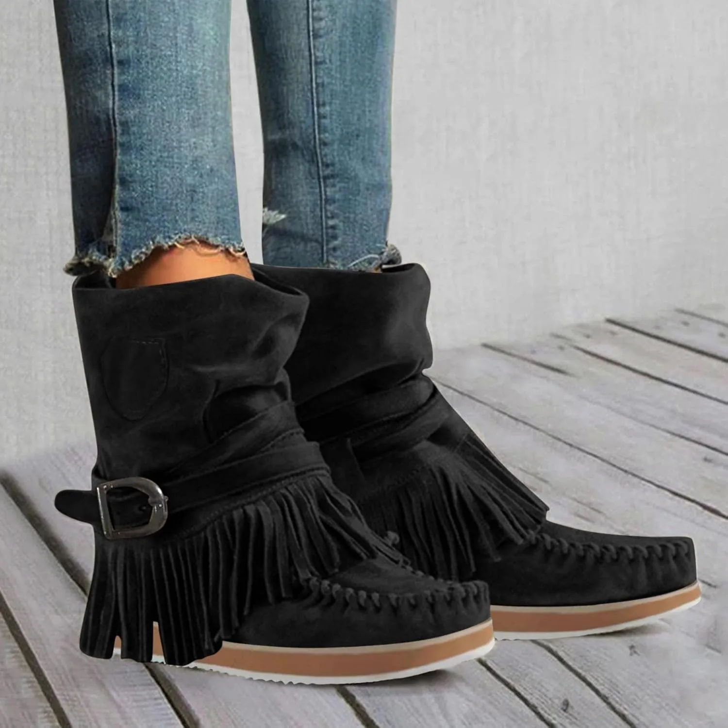 ZBYY Women's Tassel Booties Fashion Fringe Suede Moccasins Ankle Boots Retro Winter Low Heel Dress Shoes for Lady