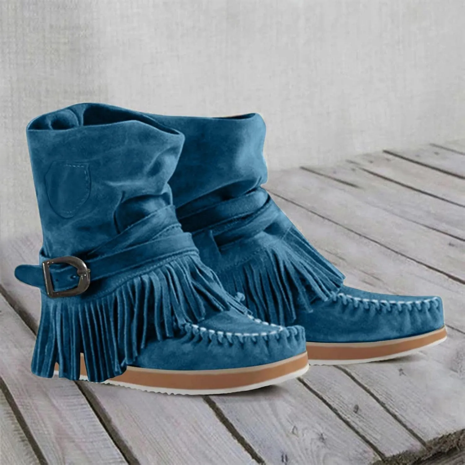 ZBYY Women's Tassel Booties Fashion Fringe Suede Moccasins Ankle Boots Retro Winter Low Heel Dress Shoes for Lady
