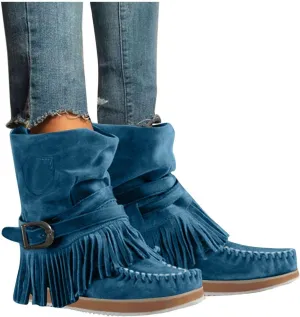 ZBYY Women's Tassel Booties Fashion Fringe Suede Moccasins Ankle Boots Retro Winter Low Heel Dress Shoes for Lady