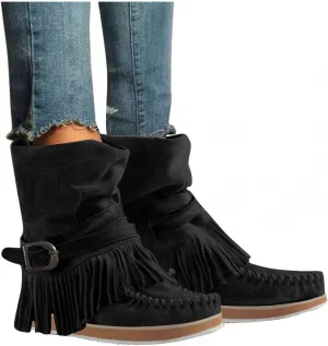 ZBYY Women's Tassel Booties Fashion Fringe Suede Moccasins Ankle Boots Retro Winter Low Heel Dress Shoes for Lady