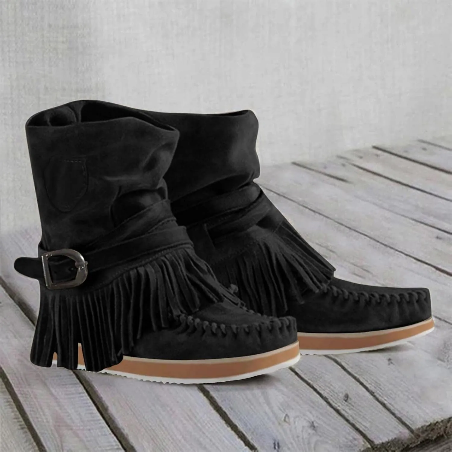 ZBYY Women's Tassel Booties Fashion Fringe Suede Moccasins Ankle Boots Retro Winter Low Heel Dress Shoes for Lady