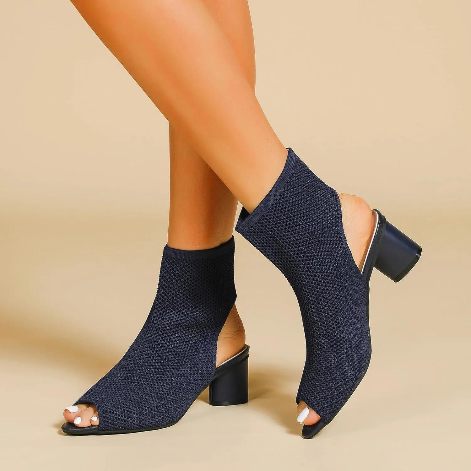Zeberfi Women's Knit Peep Toe Slingback Chunky Heel Ankle Boots Open Pointed Toe Hollow Heeled Sandals Summer Casual Slip On Dress Sock Booties