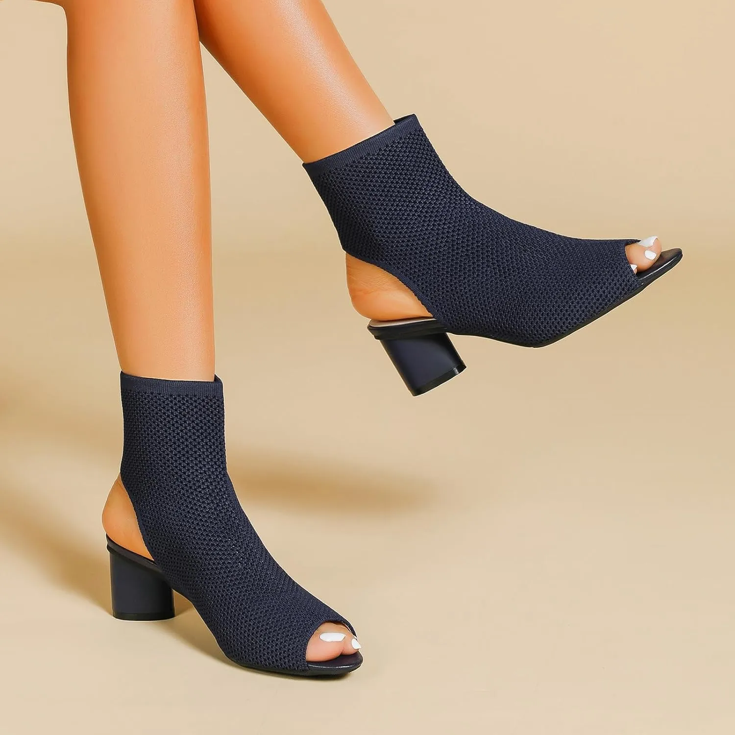 Zeberfi Women's Knit Peep Toe Slingback Chunky Heel Ankle Boots Open Pointed Toe Hollow Heeled Sandals Summer Casual Slip On Dress Sock Booties