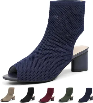 Zeberfi Women's Knit Peep Toe Slingback Chunky Heel Ankle Boots Open Pointed Toe Hollow Heeled Sandals Summer Casual Slip On Dress Sock Booties