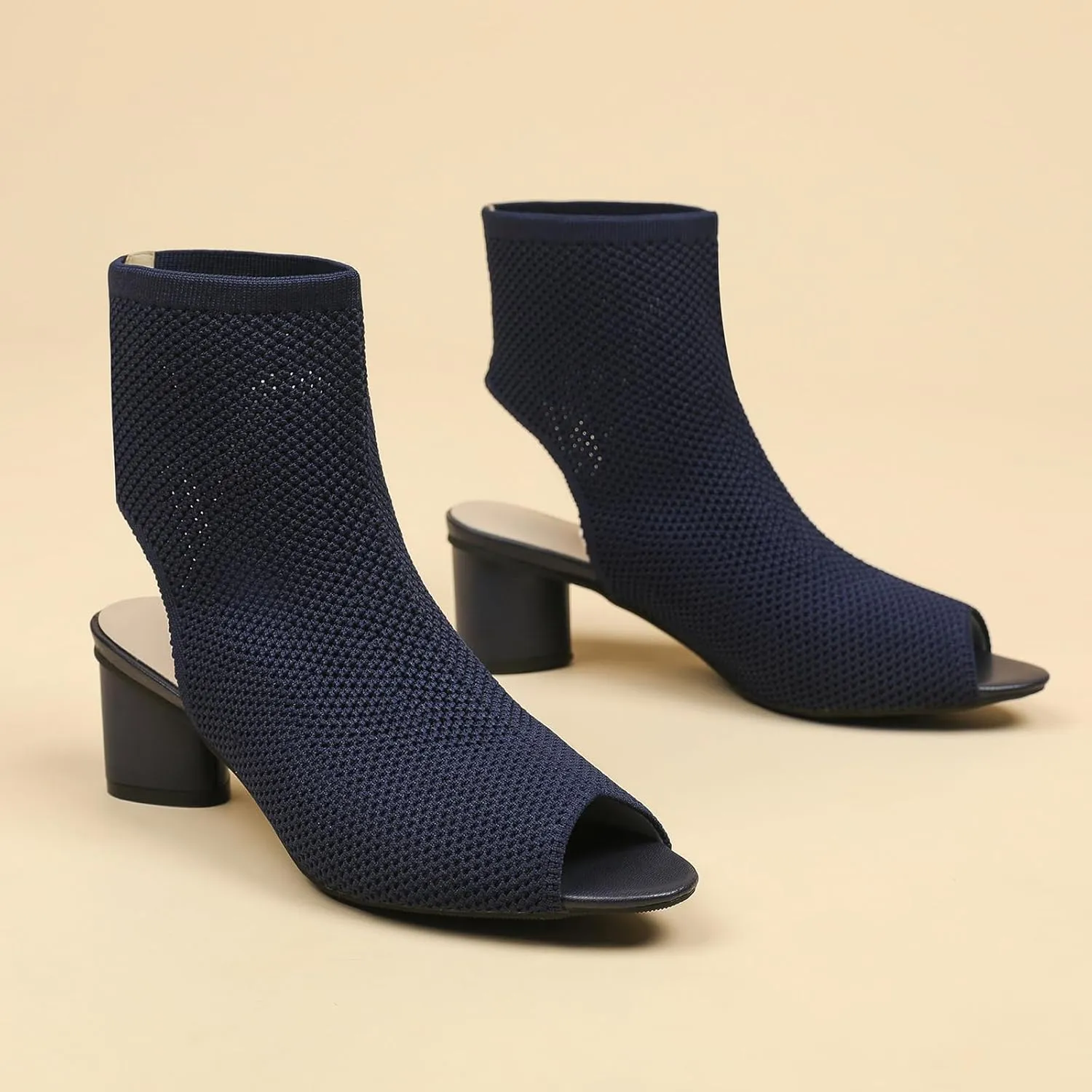 Zeberfi Women's Knit Peep Toe Slingback Chunky Heel Ankle Boots Open Pointed Toe Hollow Heeled Sandals Summer Casual Slip On Dress Sock Booties