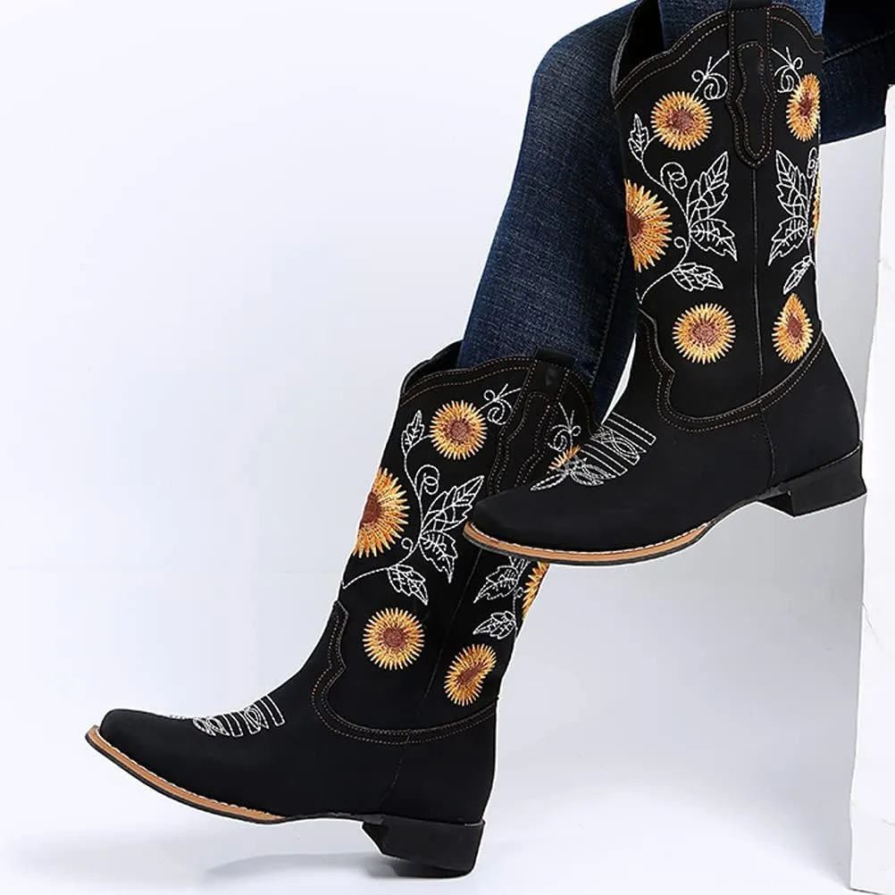 ZHOUYF Women Mid Calf Cowboy Boots Pull-on Sunflower Print Embroidery Riding Boots Low Heel Pointed-Toe Cowgirl Western Boots