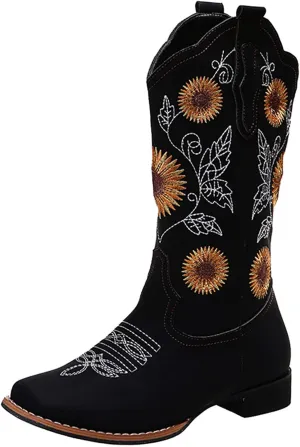ZHOUYF Women Mid Calf Cowboy Boots Pull-on Sunflower Print Embroidery Riding Boots Low Heel Pointed-Toe Cowgirl Western Boots