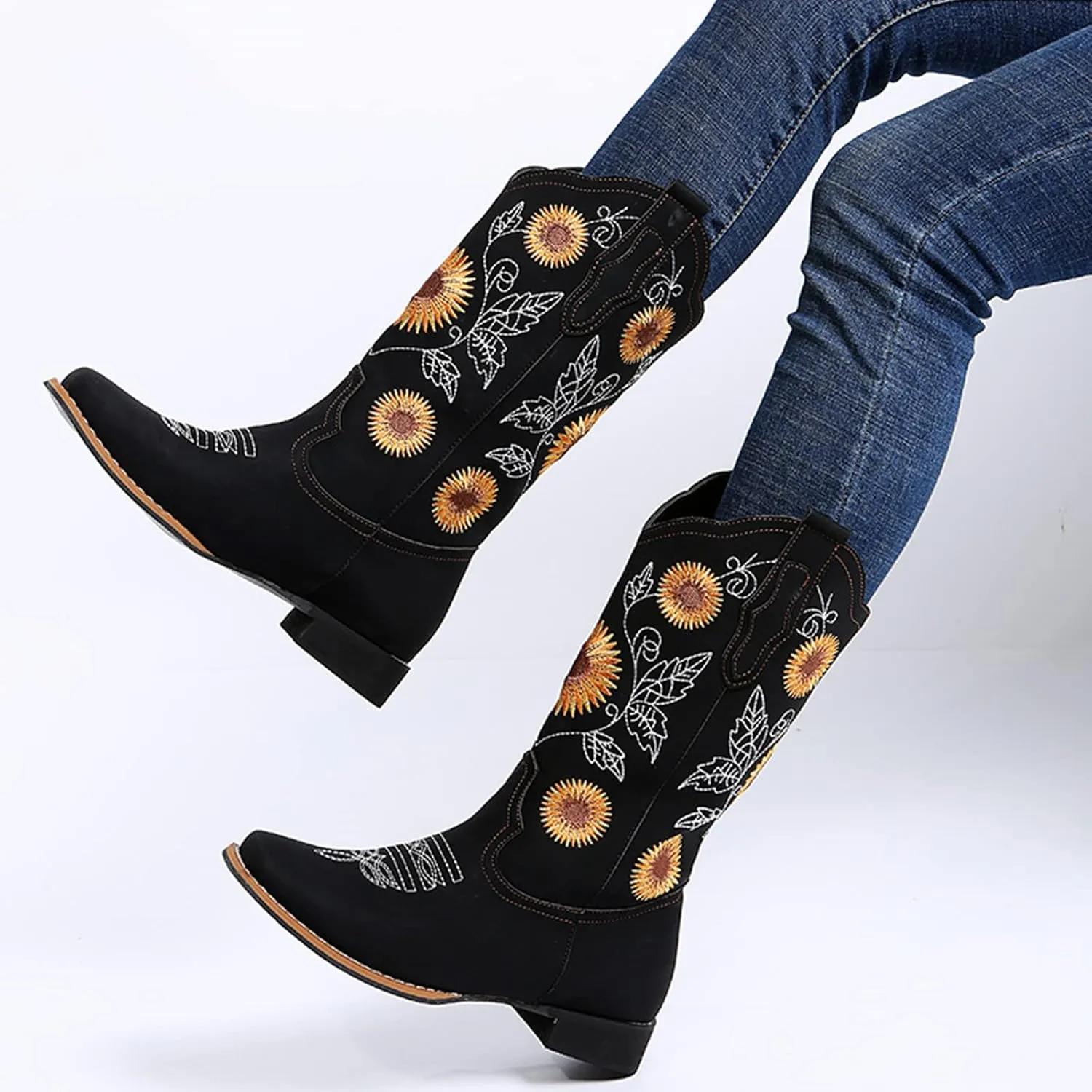 ZHOUYF Women Mid Calf Cowboy Boots Pull-on Sunflower Print Embroidery Riding Boots Low Heel Pointed-Toe Cowgirl Western Boots