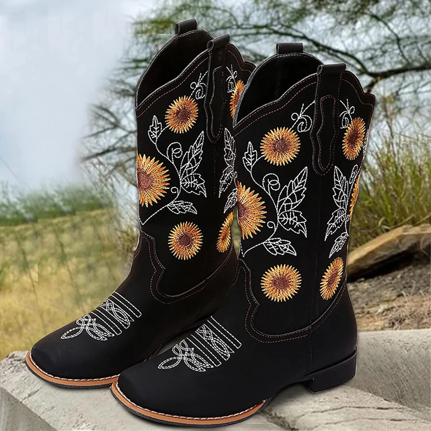 ZHOUYF Women Mid Calf Cowboy Boots Pull-on Sunflower Print Embroidery Riding Boots Low Heel Pointed-Toe Cowgirl Western Boots