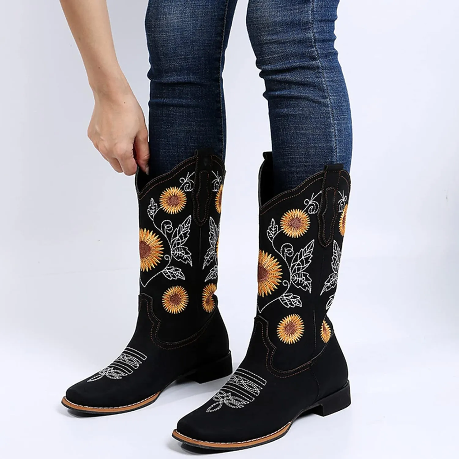ZHOUYF Women Mid Calf Cowboy Boots Pull-on Sunflower Print Embroidery Riding Boots Low Heel Pointed-Toe Cowgirl Western Boots