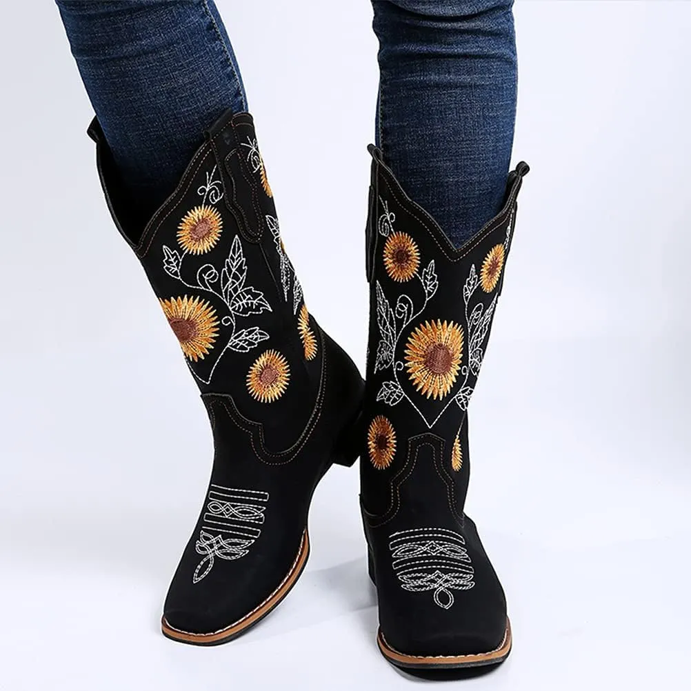 ZHOUYF Women Mid Calf Cowboy Boots Pull-on Sunflower Print Embroidery Riding Boots Low Heel Pointed-Toe Cowgirl Western Boots