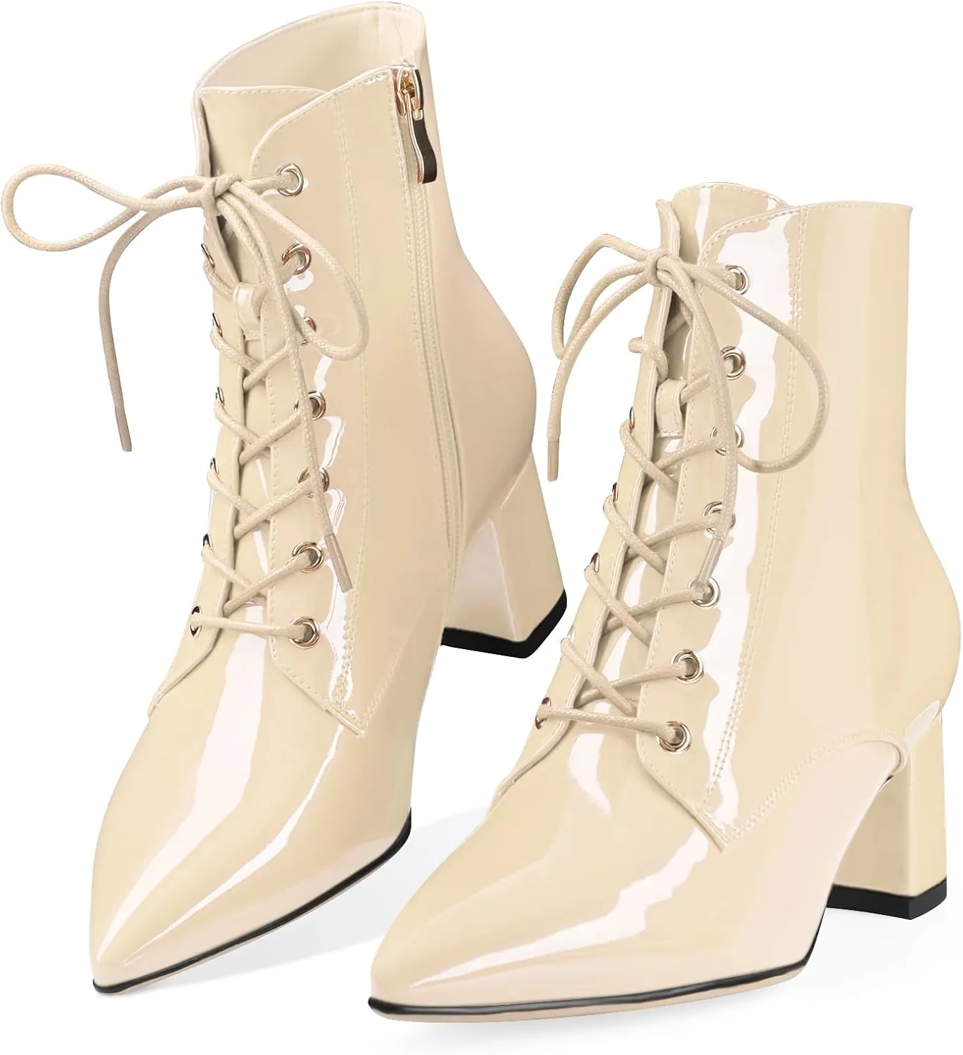 Z.Oufeier Women's Chunky Ankle Boots with Low Block Heel Fashion Leather Lace Up Pointed Toe Heeled Booties