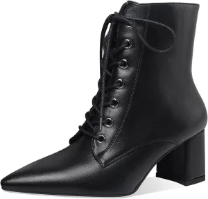 Z.Oufeier Women's Chunky Ankle Boots with Low Block Heel Fashion Leather Lace Up Pointed Toe Heeled Booties