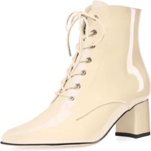 Z.Oufeier Women's Chunky Ankle Boots with Low Block Heel Fashion Leather Lace Up Pointed Toe Heeled Booties