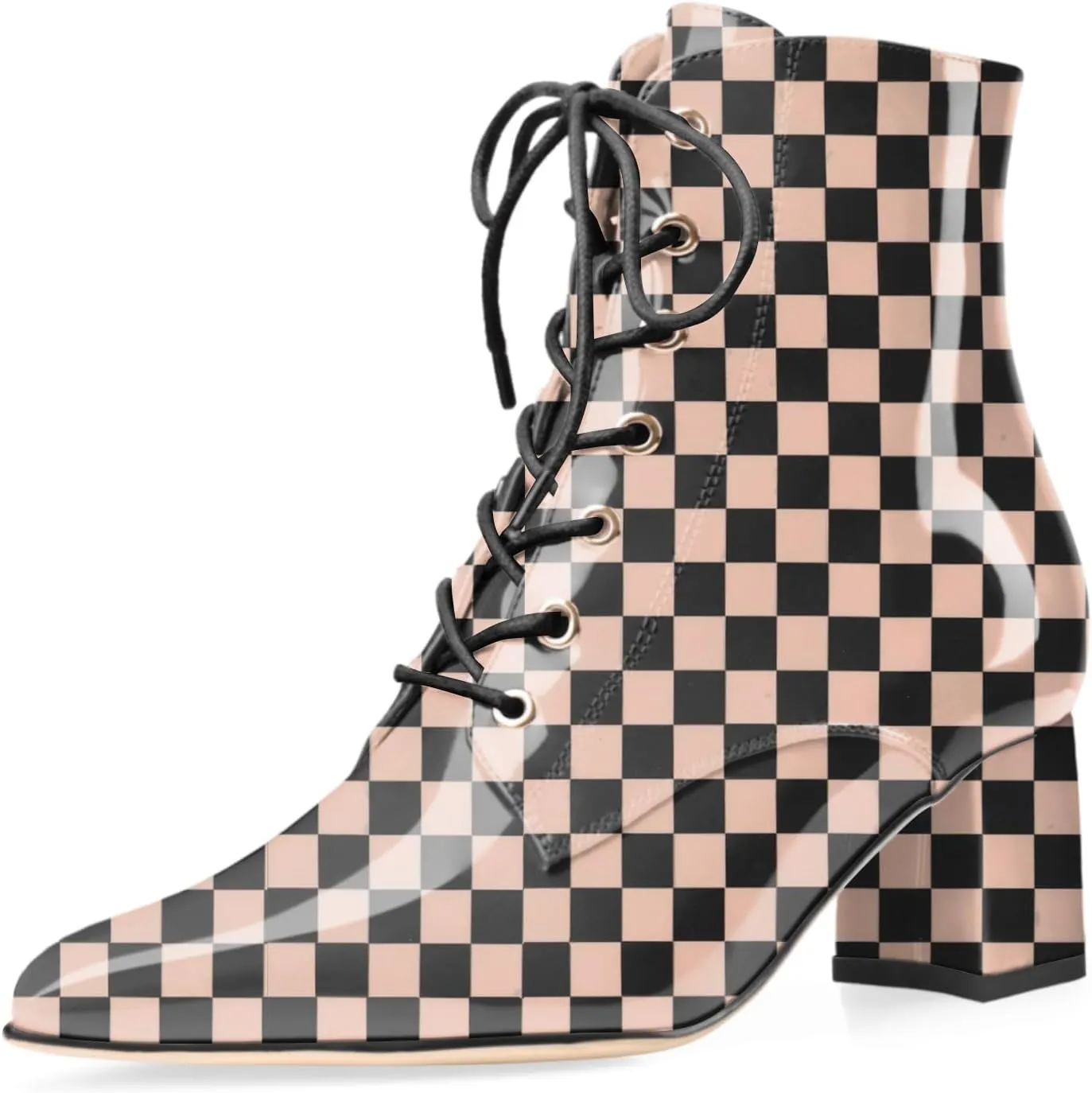 Z.Oufeier Women's Chunky Ankle Boots with Low Block Heel Fashion Leather Lace Up Pointed Toe Heeled Booties
