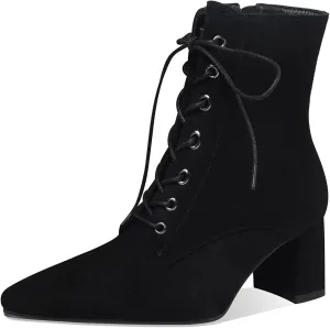 Z.Oufeier Women's Chunky Ankle Boots with Low Block Heel Fashion Leather Lace Up Pointed Toe Heeled Booties