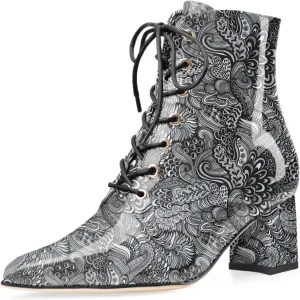 Z.Oufeier Women's Chunky Ankle Boots with Low Block Heel Fashion Leather Lace Up Pointed Toe Heeled Booties