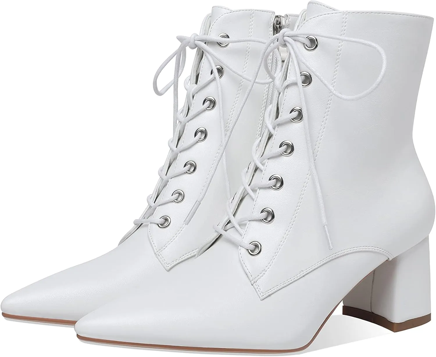 Z.Oufeier Women's Chunky Ankle Boots with Low Block Heel Fashion Leather Lace Up Pointed Toe Heeled Booties