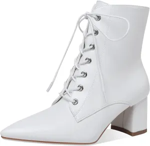 Z.Oufeier Women's Chunky Ankle Boots with Low Block Heel Fashion Leather Lace Up Pointed Toe Heeled Booties