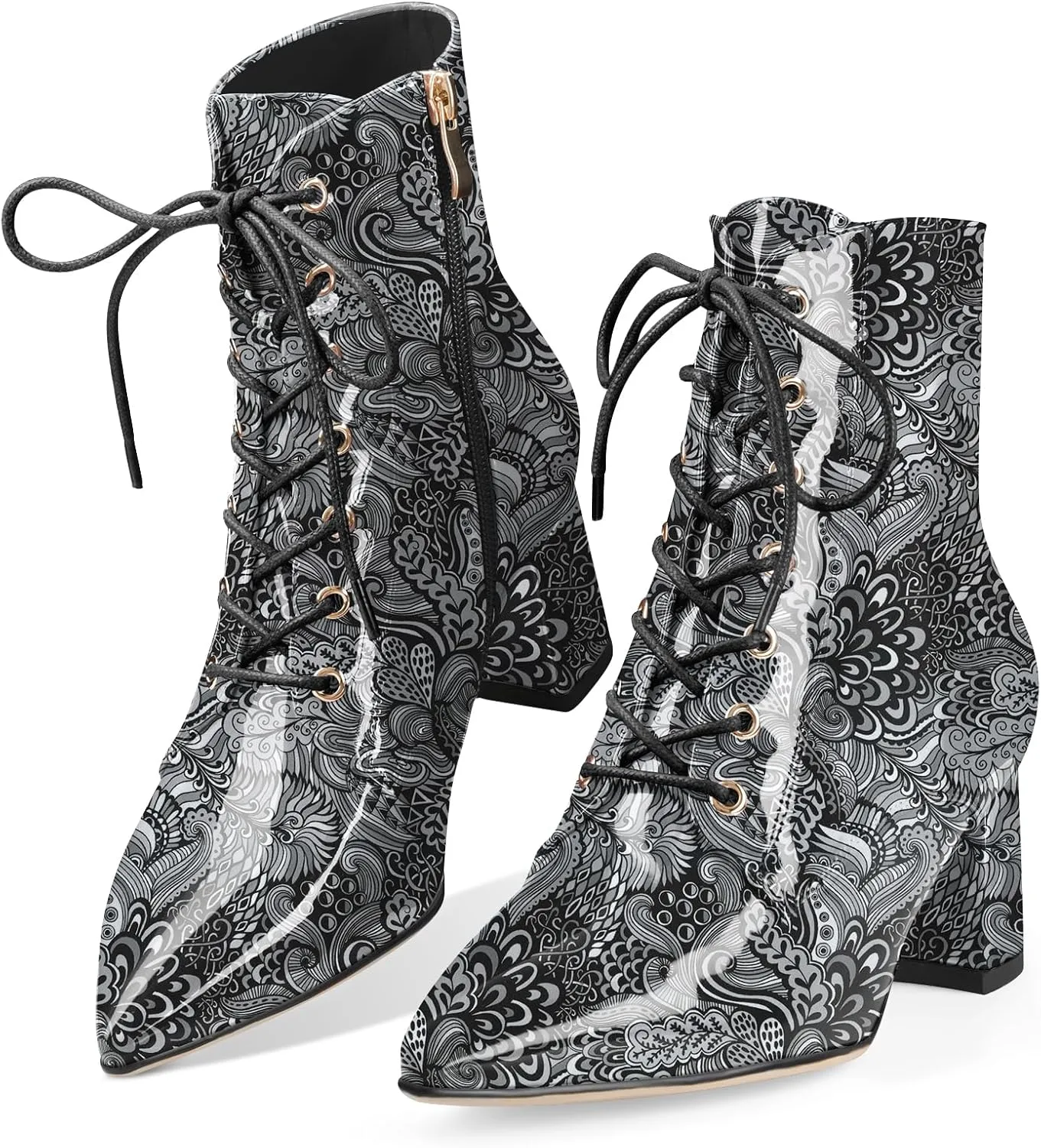 Z.Oufeier Women's Chunky Ankle Boots with Low Block Heel Fashion Leather Lace Up Pointed Toe Heeled Booties