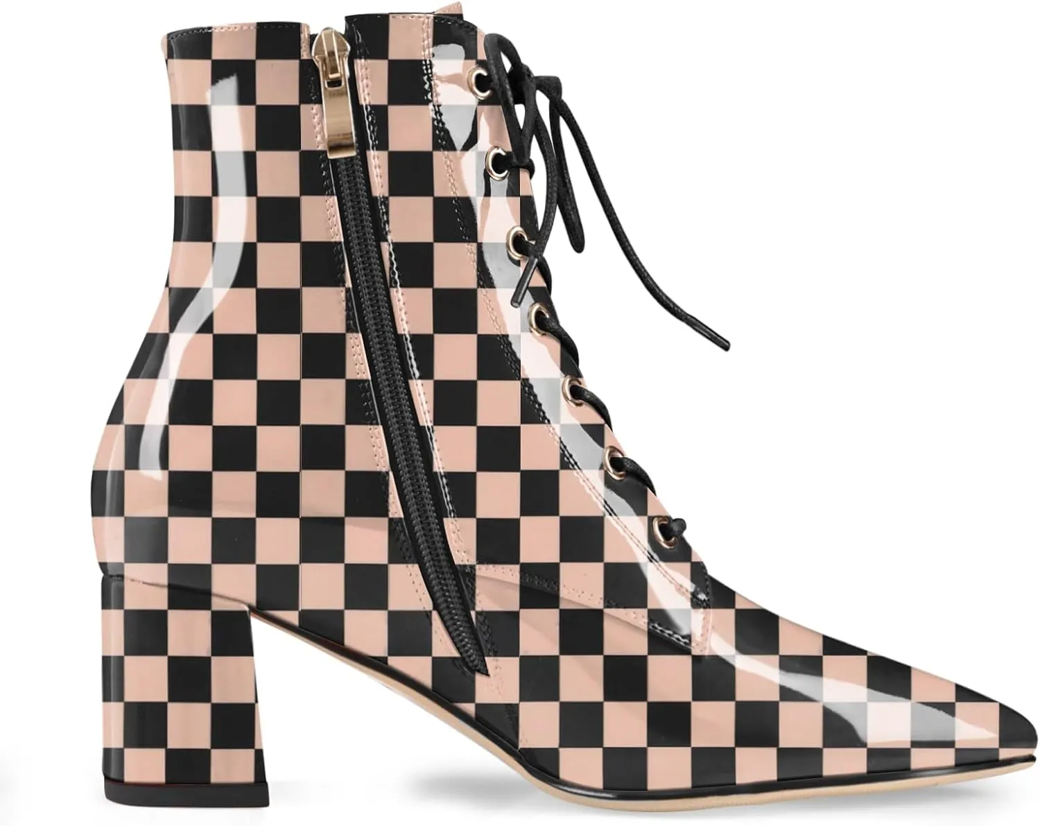 Z.Oufeier Women's Chunky Ankle Boots with Low Block Heel Fashion Leather Lace Up Pointed Toe Heeled Booties