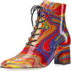 Z.Oufeier Women's Chunky Ankle Boots with Low Block Heel Fashion Leather Lace Up Pointed Toe Heeled Booties