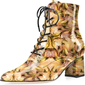 Z.Oufeier Women's Chunky Ankle Boots with Low Block Heel Fashion Leather Lace Up Pointed Toe Heeled Booties