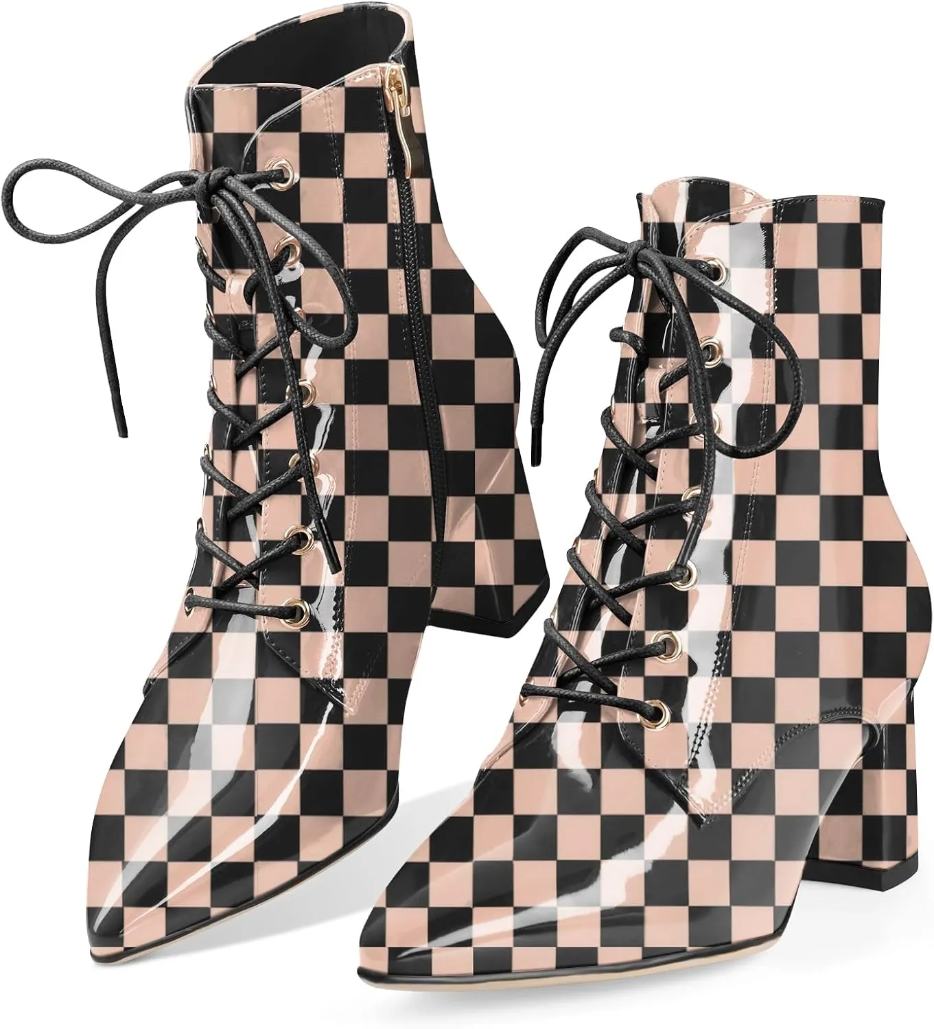 Z.Oufeier Women's Chunky Ankle Boots with Low Block Heel Fashion Leather Lace Up Pointed Toe Heeled Booties