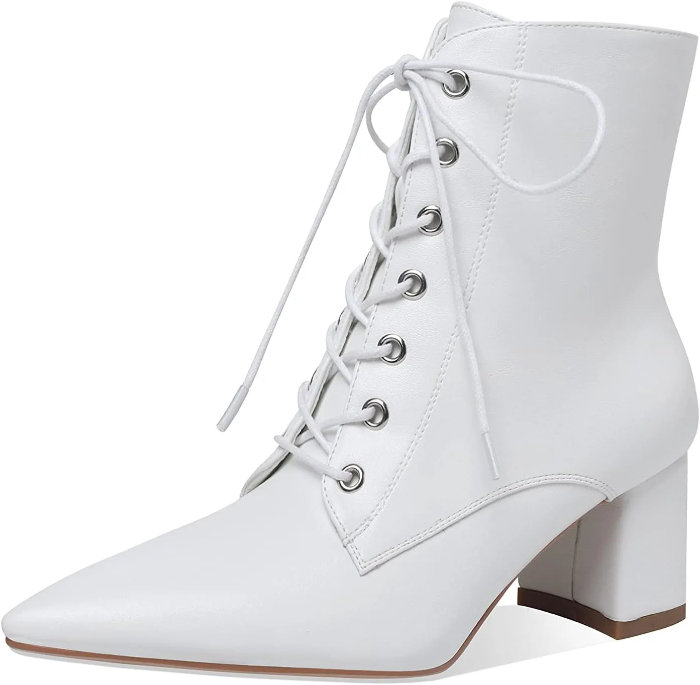 Z.Oufeier Women's Chunky Ankle Boots with Low Block Heel Fashion Leather Lace Up Pointed Toe Heeled Booties