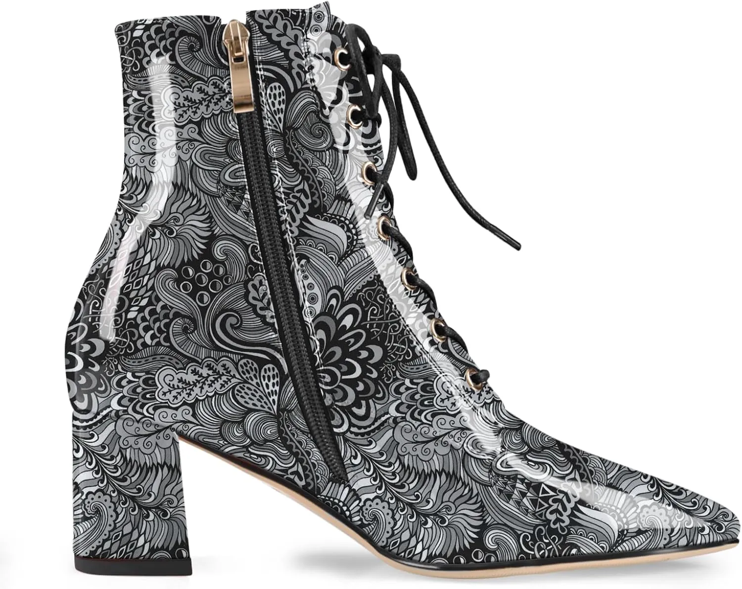 Z.Oufeier Women's Chunky Ankle Boots with Low Block Heel Fashion Leather Lace Up Pointed Toe Heeled Booties