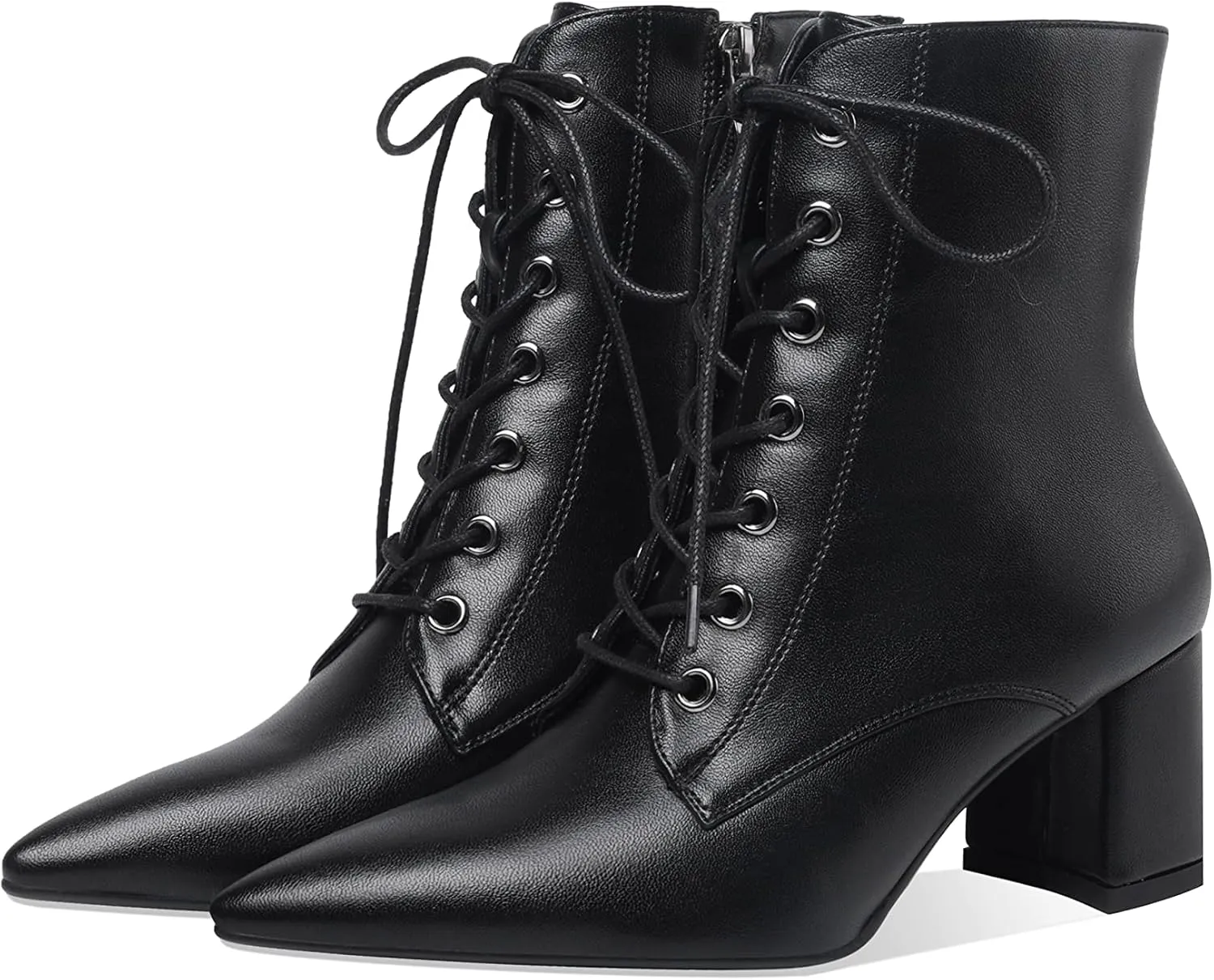 Z.Oufeier Women's Chunky Ankle Boots with Low Block Heel Fashion Leather Lace Up Pointed Toe Heeled Booties