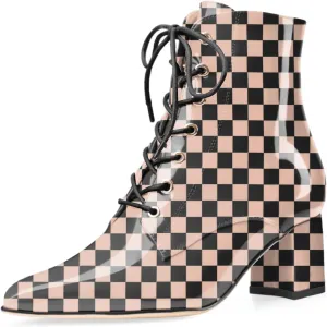 Z.Oufeier Women's Chunky Ankle Boots with Low Block Heel Fashion Leather Lace Up Pointed Toe Heeled Booties
