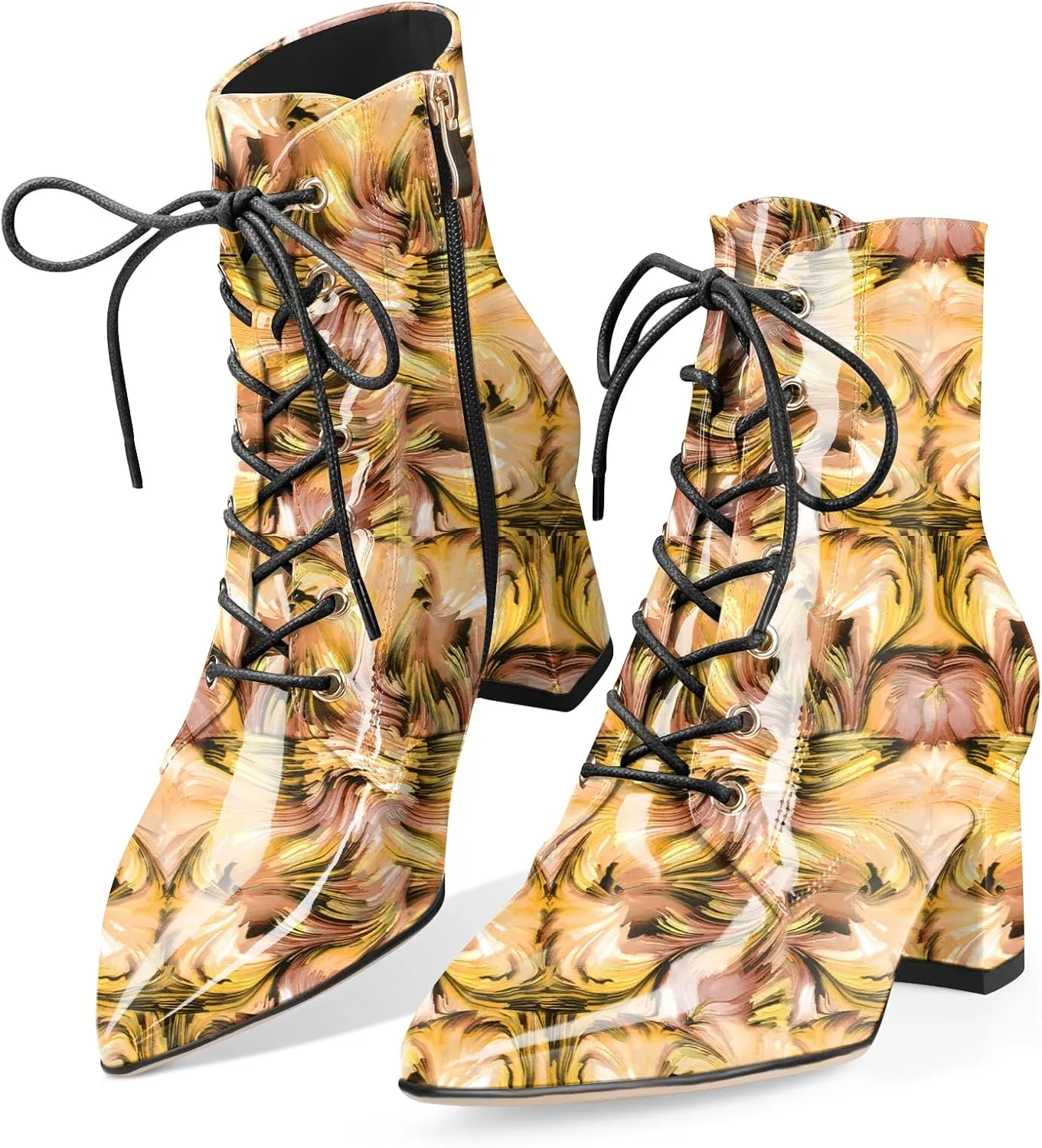 Z.Oufeier Women's Chunky Ankle Boots with Low Block Heel Fashion Leather Lace Up Pointed Toe Heeled Booties