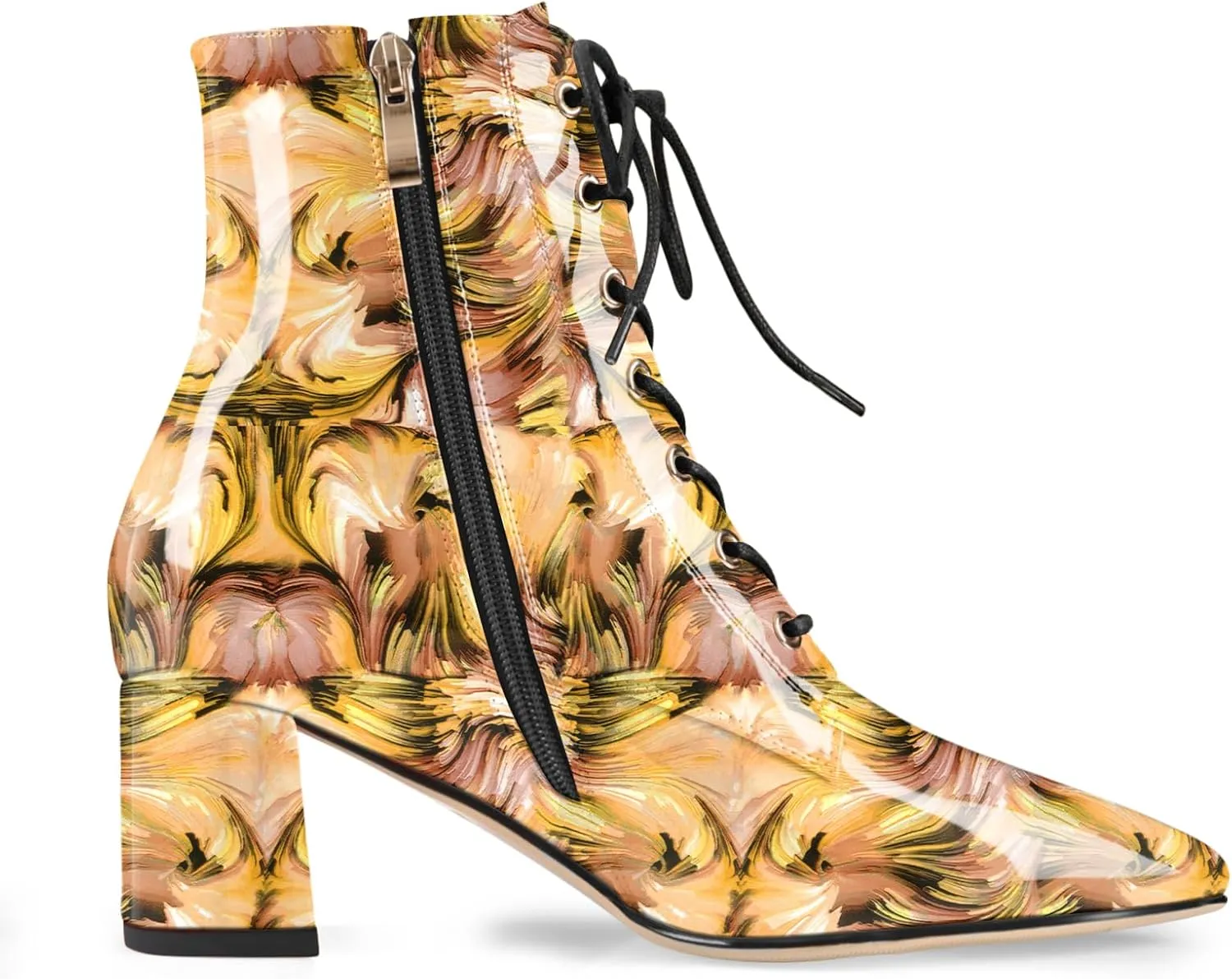 Z.Oufeier Women's Chunky Ankle Boots with Low Block Heel Fashion Leather Lace Up Pointed Toe Heeled Booties