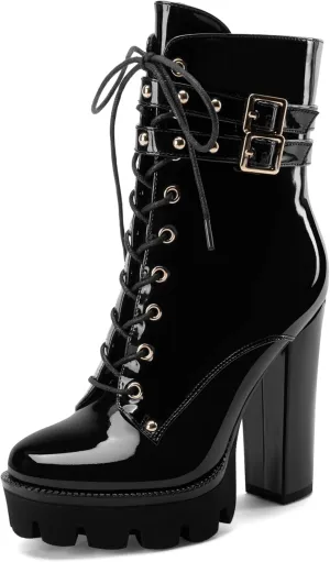 Z.Oufeier Women's Platform Ankle Boots Fashion Chunky Heel Lug Sole Combat Boots Lace Up High Heeled Booties