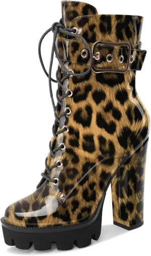 Z.Oufeier Women's Platform Ankle Boots Fashion Chunky Heel Lug Sole Combat Boots Lace Up High Heeled Booties