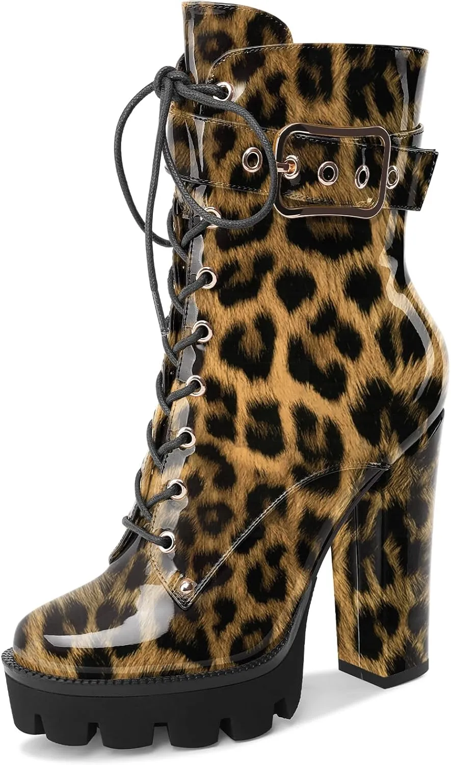 Z.Oufeier Women's Platform Ankle Boots Fashion Chunky Heel Lug Sole Combat Boots Lace Up High Heeled Booties
